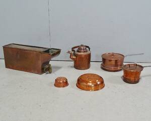 Parti kopparföremål 1800-tal, 6 delar, grytor m.m.