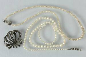 COLLIER, 2 st, odlade pärlor, samt BROSCH, med markasiter, silver