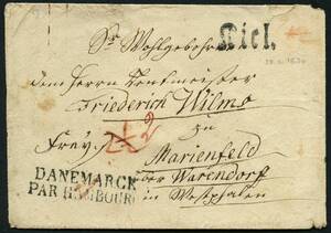 1830. Brev , privat fremstillet kuvert, sendt fra KIEL til Marienfeld bei Warendorf. Med gitisk liniestempel KIEL. –º