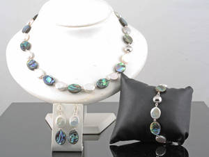 Abalone and coin fresh water pearls earrings, bracelet necklace set 4.