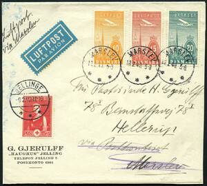 AFA 216,217,218 1934. Luftpost, 10 Øre, orange, 15 Øre, rød og 20 Øre, blÃ¥grøn m.fl. pÃ¥ ISPOST FLYVNING –º