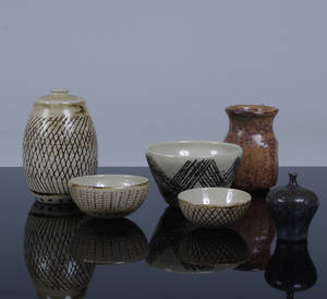 En samling keramik, bl.a Anders Bruno Liljefors och Rolf Palm, 6 delar