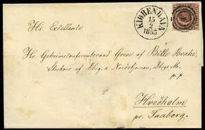 AFA 1Ia 1852. FIRE R.B.S. Thiele I. Pragtbrev sendt fra KIØBENHAVN 15.2.1853 til Hvedholm pr. Faaborg. Annulleret med nummerstempel 1. Pragtbrev til Geheimeconferentsraad Bille-Brahe.