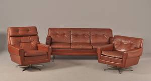 Sofa og 2 hvilestole med brunt læderbetræk, 1960erne 3