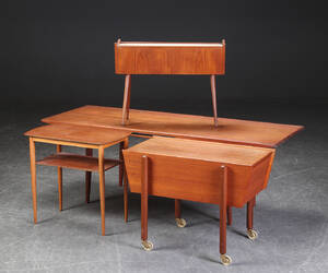 Sofabord, blomsterkumme, lampebord samt sybord, teak, 1960erne 4