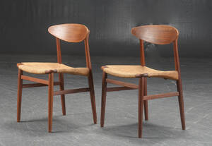 To spisestole, teak og flet, 1950erne, dansk møbeldesign