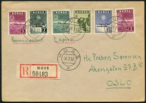 NK 331-334,336 1945 Londonudgaven, 5-30 Øre. Rekommanderet ekspresbrev sendt fra MOSS 20.7.45 til Oslo.